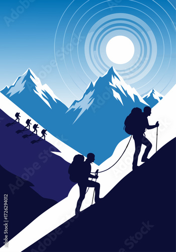 Mountain Climbers Ascending a Peak Vector Illustration of a Challenging Climb with Snow-Capped Peaks