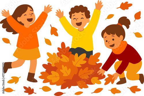 Cute kids playing and jumping with autumn leaves. Happy children in fall. Funny girls and boy in outdoor activity. Cartoon friends, hand drawn vector illustration. Flat design.isolated on transparent 