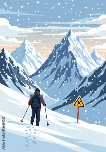 Winter mountaineering hiker navigates snow-covered peaks with caution sign in picturesque alpine landscape