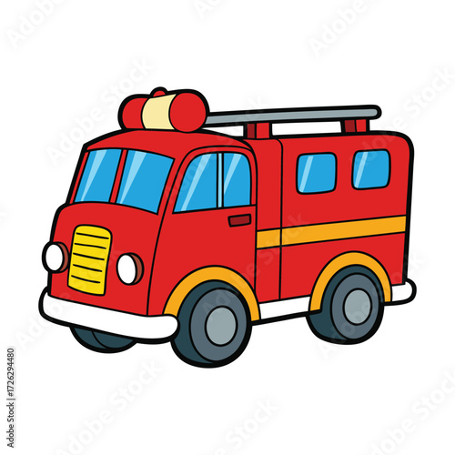 Bright red cartoon fire truck with flashing lights, a shiny ladder, and bold wheels, ready to rush to the rescue in a fun, playful, and heroic way.
