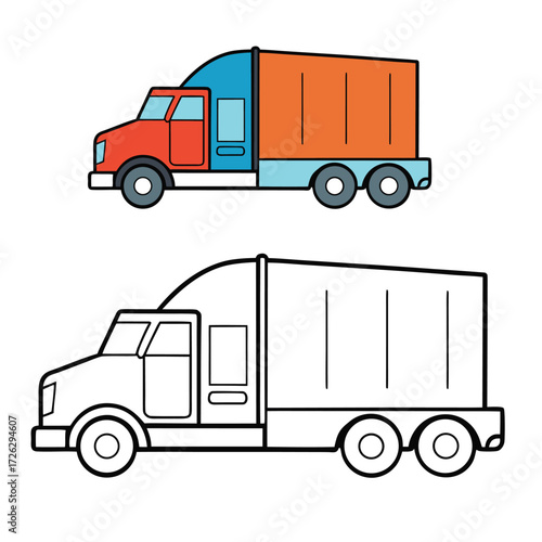 A detailed cargo semi-truck coloring page featuring a big rig with trailer, wheels, and cargo, perfect for kids and adults to add vibrant colors and bring it to life.
