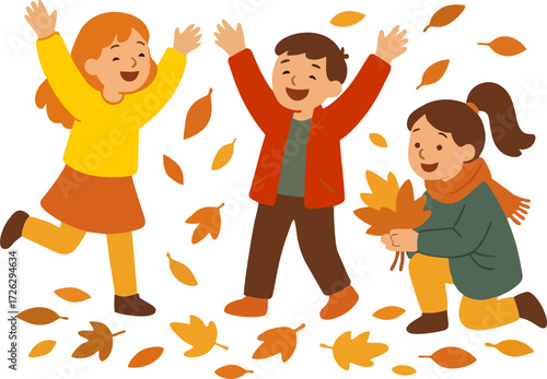 Cute kids playing and jumping with autumn leaves. Happy children in fall. Funny girls and boy in outdoor activity. Cartoon friends, hand drawn vector illustration. Flat design.isolated on transparent 