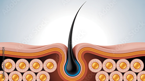 Fototapeta Naklejka Na Ścianę i Meble -  Hair Follicle Anatomy Close-up 3D Render of Human Skin Layers Revealing Hair Growth and Structure