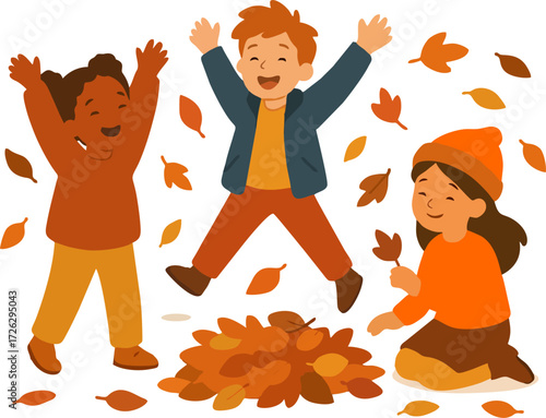 Cute kids playing and jumping with autumn leaves. Happy children in fall. Funny girls and boy in outdoor activity. Cartoon friends, hand drawn vector illustration. Flat design.isolated on transparent 