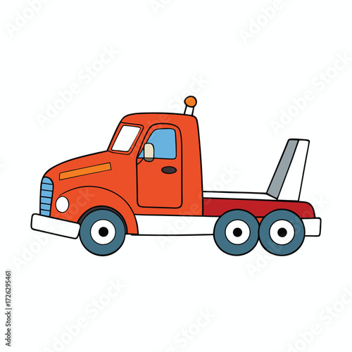 A cheerful cartoon big rig tow truck with shiny chrome, bright colors, and a strong hook ready to tow, exuding fun and power on the open road.
