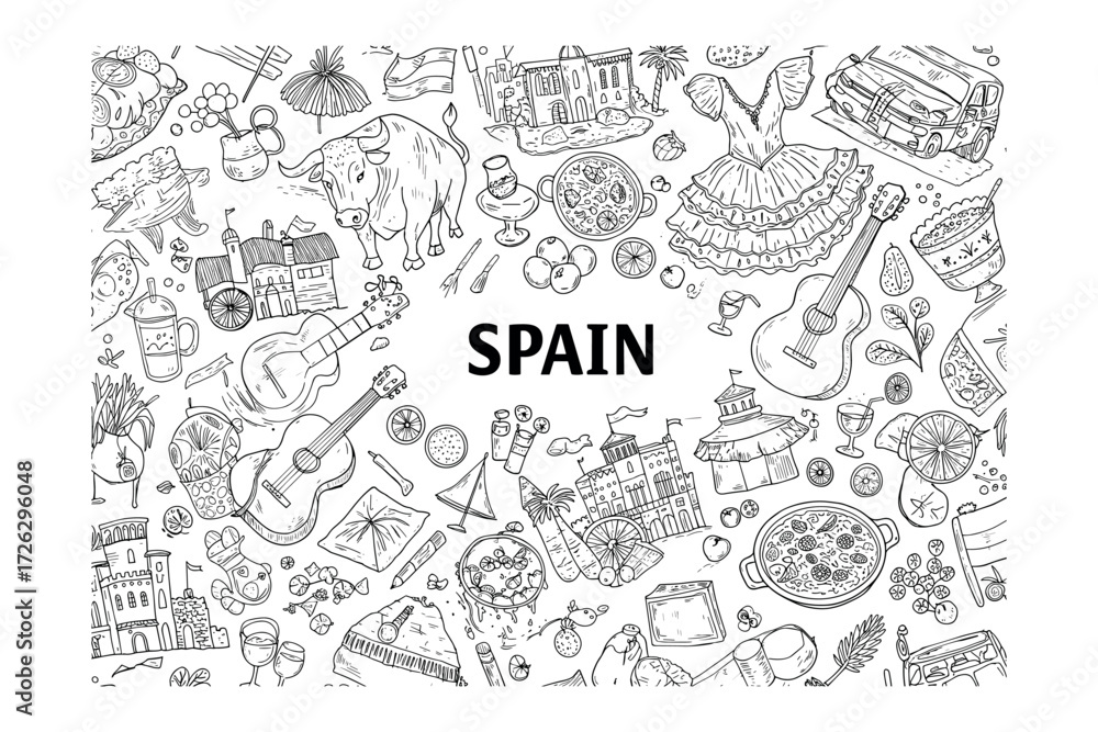 Fototapeta premium Cultural exploration of spain illustrative representations of food music and traditions in a vibrant artistic environment. Vector illustration