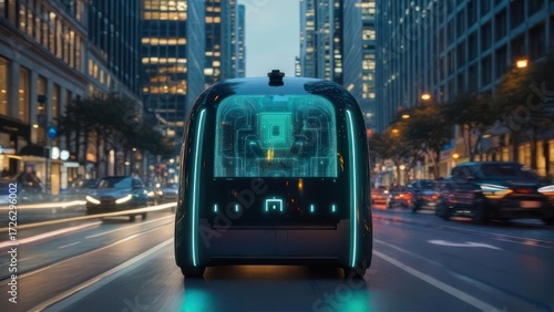 Futuristic Autonomous Vehicle Navigating a Modern City Street.
