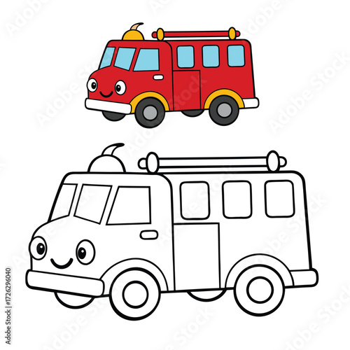 A fun cartoon fire truck coloring page, featuring a bright red engine, ladder, hoses, and cheerful details—perfect for kids to color and spark creativity!
