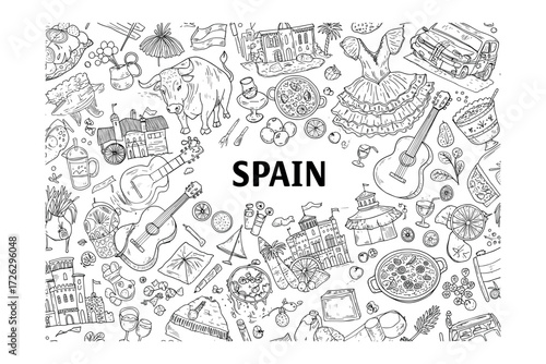Cultural exploration of spain illustrative representations of food music and traditions in a vibrant artistic environment. Vector illustration