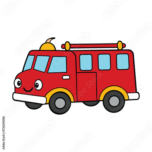 Bright red cartoon fire truck with flashing lights, a shiny ladder, and bold wheels, ready to rush to the rescue in a fun, playful, and heroic way.
