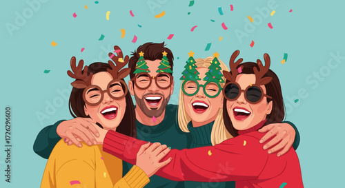 Cheerful Friends Embracing Wearing Holiday Spectacles Illustration Celebrating Together
