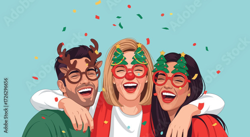 Colorful Cheerful Friends Celebrating Holiday Party with Festive Accessories Illustration