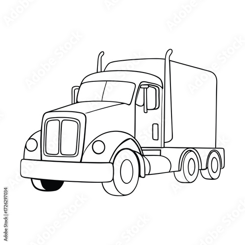 A bold red semi-truck coloring page, showing a powerful big rig with detailed cab, trailer, and wheels, ready for kids to color and bring it to life.
