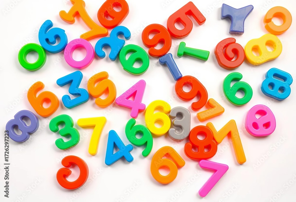 Fototapeta premium Brightly colored plastic numerals scattered on a white background, plastic digits, arithmetic