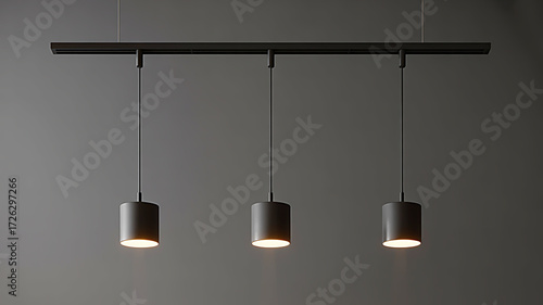 A minimalist product photography composition of a modern black track lighting fixture with three cylindrical pendant lamps hanging against a dark grey background