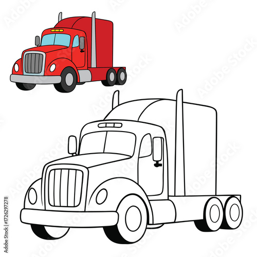 A bold red semi-truck coloring page, showing a powerful big rig with detailed cab, trailer, and wheels, ready for kids to color and bring it to life.

