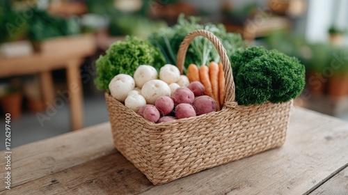 Woven Basket Filled With Organic Vegetables and Fresh Harvest On Wooden Table In Soft Lighting