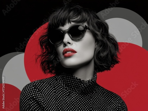 Stylish woman with short wavy hair, bold red lips, and sunglasses poses against a modern, geometric red and gray background © Cheewynn