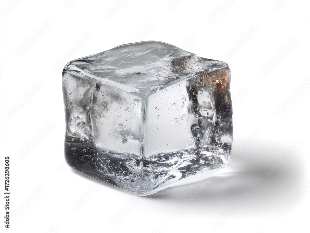 Obraz premium A single clear ice cube with bubbles inside sits on a white background, casting a soft shadow