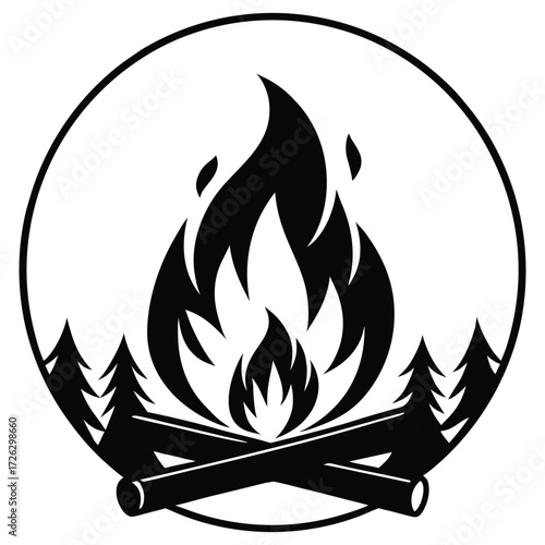 A black silhouette of a campfire and friends