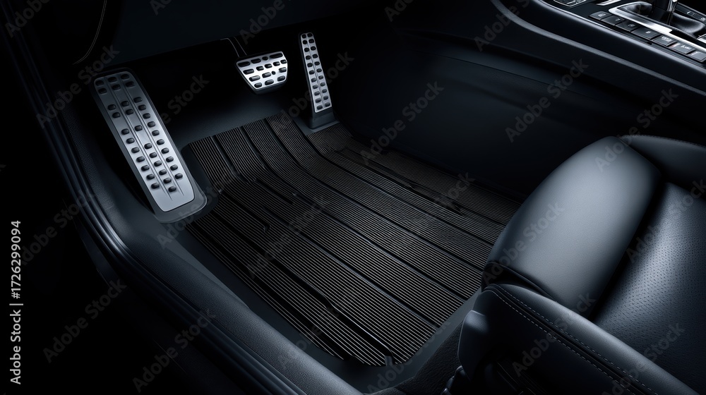 Obraz premium Car interior showing metallic accelerator, brake, and clutch pedals with a black rubber floor mat and leather seat