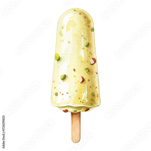 Watercolor Vector Illustration of Traditional Indian Kulfi Ice Cream Stick with Pistachio on White Background