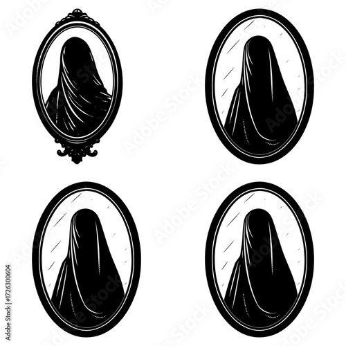 Four oval mirrors reflecting a veiled figure with the top left mirror being ornate and decorative