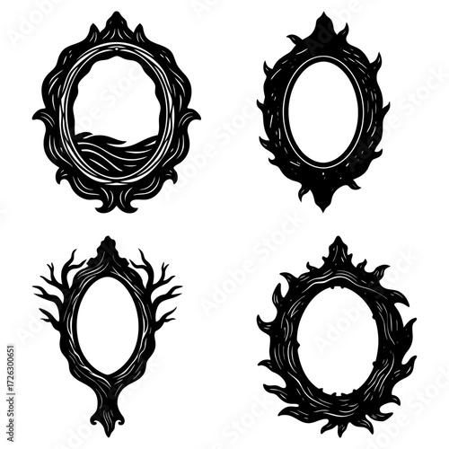 Collection of four ornate black frames with unique designs and oval openings on a white background