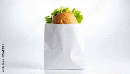 Delicious classic hamburger with fresh lettuce served in a disposable white paper bag for takeout or delivery, shot on a minimalist white studio background