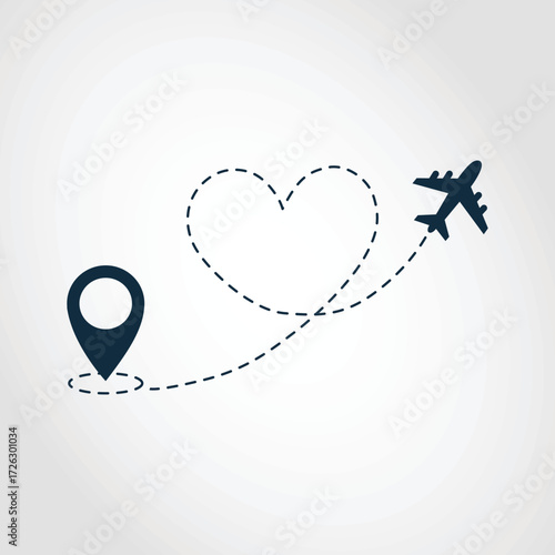 Airplane Flying a Heart Route from Destination Marker Symbolizing Love Travel and Vacation