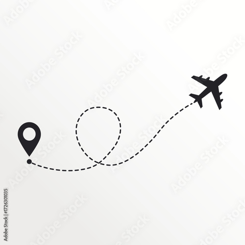 Airplane flight route illustration with destination pin and dotted line showing travel path for graphic design and creative projects