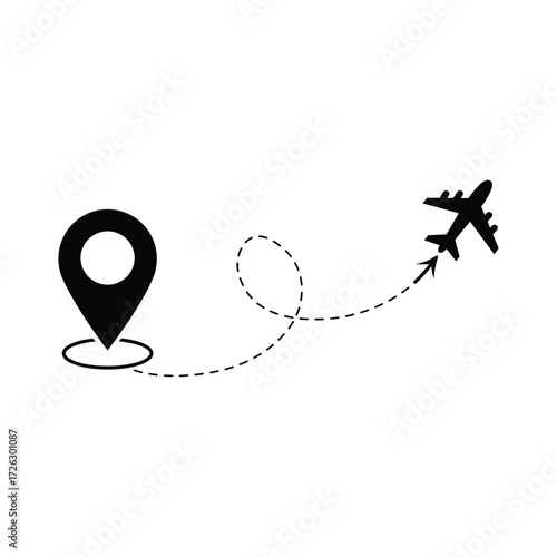 Airplane flying from pinpoint location vector design concept for travel and tourism related designs showcasing journeys and destinations worldwide