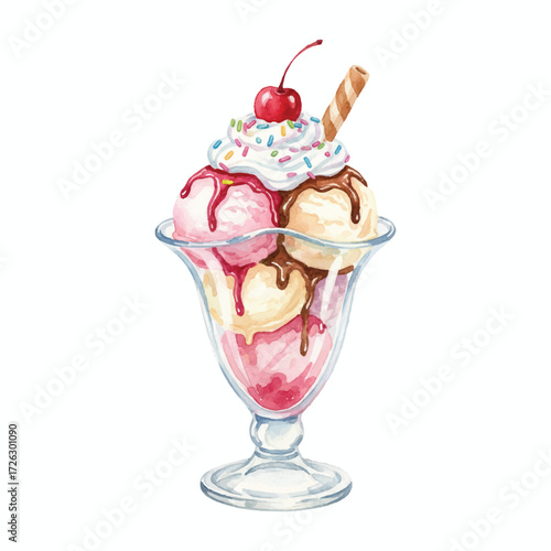 Watercolor Ice Cream Sundae with Whipped Cream and Cherry on White Background