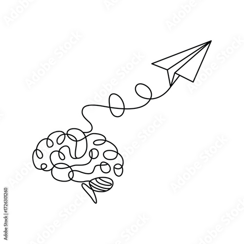 Creative brain with paper airplane taking flight showcasing innovation and imagination in business leadership and personal development on a white background