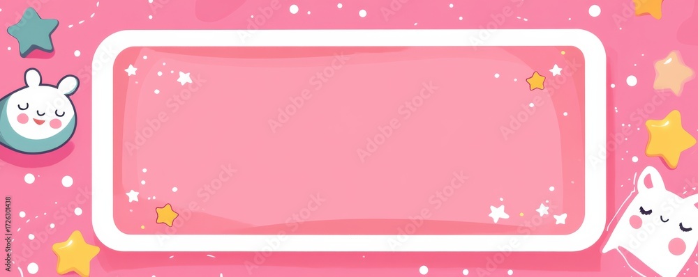 Cute pink blank card with white borders featuring adorable cartoon animals and stars