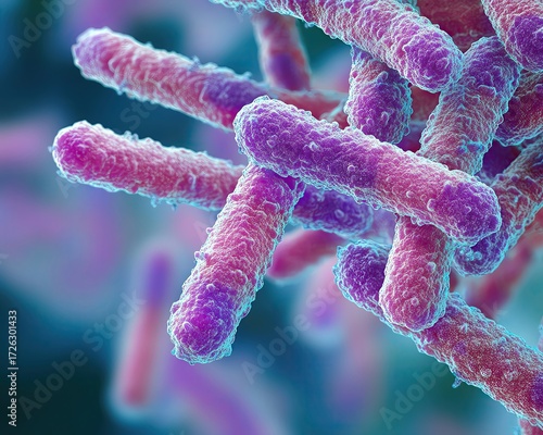 Colorful bacteria magnified under a microscope.