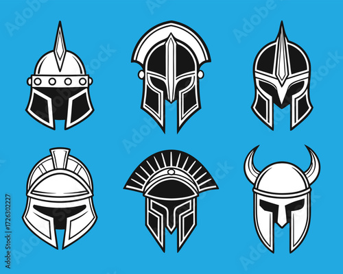 Collection of Six Distinct Ancient Warrior Helmets with Black and White Outlines