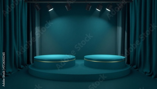 Elegant teal stage with two circular pedestals and spotlights