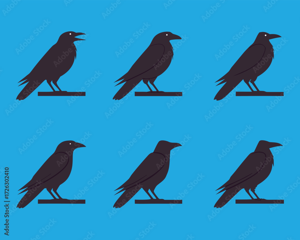 Fototapeta premium Minimalist Illustration of Six Black Crows Perched on Wood Against a Blue Background