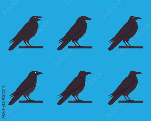 Minimalist Illustration of Six Black Crows Perched on Wood Against a Blue Background