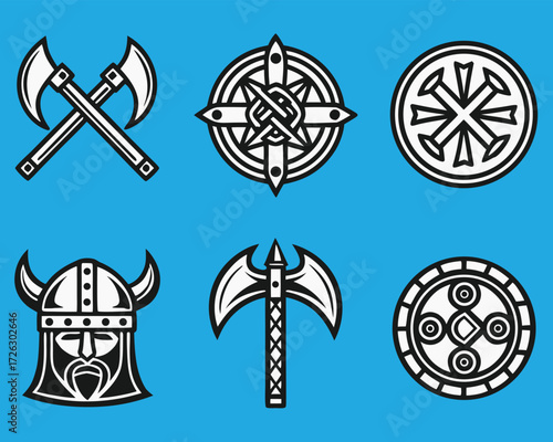 Viking Axes and Shields Vector Graphics Set on Blue Background Illustration