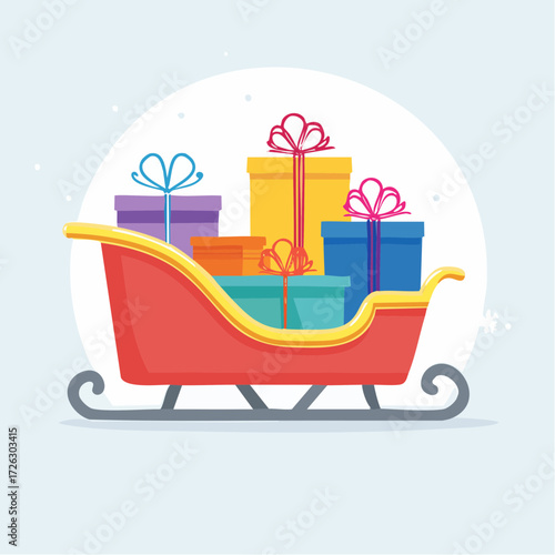 
A vibrant red sleigh is overloaded with a massive stack of colorful Christmas gifts, ready for delivery on a magical, starry holiday night!