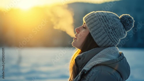 A woman in winter gear enjoying a tranquil moment at sunset.