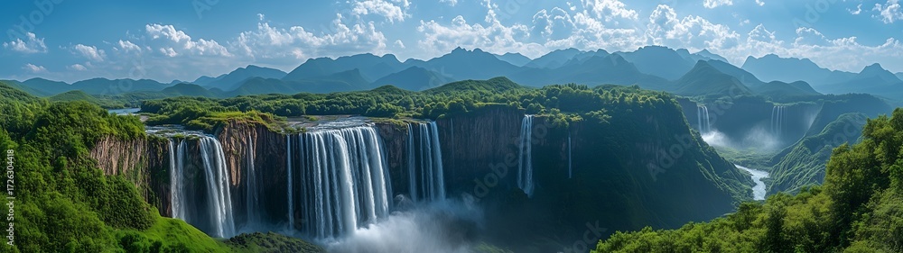 Fototapeta premium Spectacular Huangguoshu Waterfall in China, wide angle shot under blue sky and white clouds, super high definition nature landscape photography, majestic waterfall view.