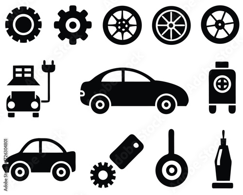 Vector art of car service icons set this set contains various icons related to car service, maintenance, and repair, including wheels, gears, tools, and car parts