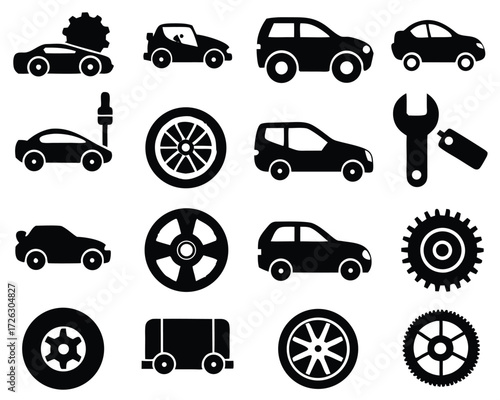 Vector art of car service icons set this set contains various icons related to car service, maintenance, and repair, including wheels, gears, tools, and car parts