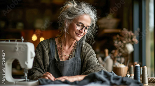 Medium shot high angle of older seamstress sewing fabric on modern sewing machine in studio.