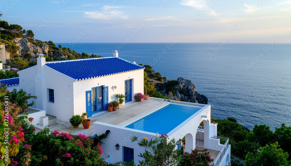 Fototapeta premium A Mediterranean villa with white walls and blue rooftops overlooking the sea, ultra sharp, high-resolution