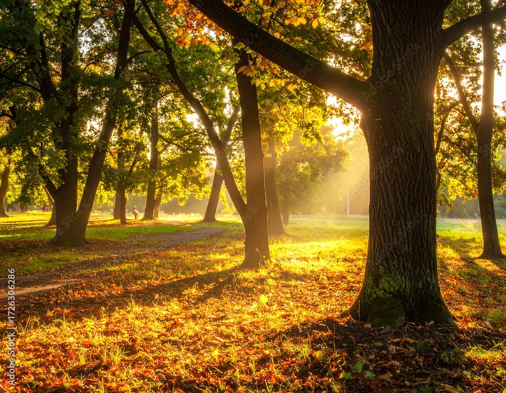 Obraz premium Autumn park bathed in golden sunlight