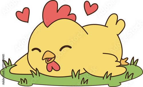 Cute chicken lying on grass with hearts around, expressing joy and affection